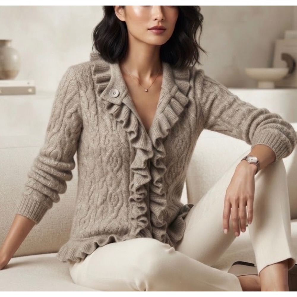 Armani Collezioni Taupe Ruffle Virgin Wool Cardigan Sweater Italy 12